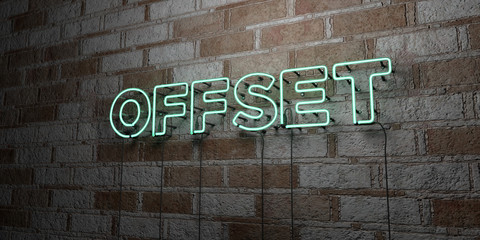 OFFSET - Glowing Neon Sign on stonework wall - 3D rendered royalty free stock illustration.  Can be used for online banner ads and direct mailers..