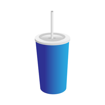 Blue plastic cup with a straw on white background. Vector illustration.