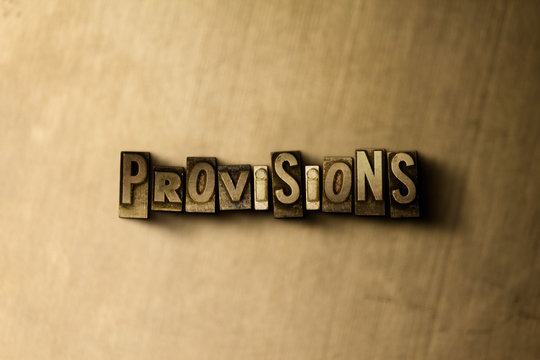 PROVISIONS - close-up of grungy vintage typeset word on metal backdrop. Royalty free stock illustration.  Can be used for online banner ads and direct mail.
