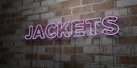 JACKETS - Glowing Neon Sign on stonework wall - 3D rendered royalty free stock illustration.  Can be used for online banner ads and direct mailers..