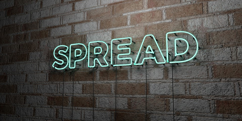 SPREAD - Glowing Neon Sign on stonework wall - 3D rendered royalty free stock illustration.  Can be used for online banner ads and direct mailers..