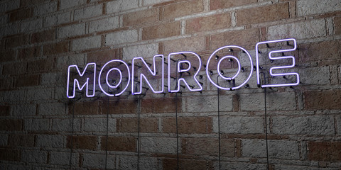 MONROE - Glowing Neon Sign on stonework wall - 3D rendered royalty free stock illustration.  Can be used for online banner ads and direct mailers..