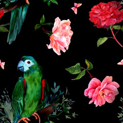 Seamless pattern with watercolor bird and roses, vintage style