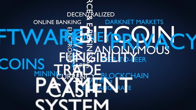 Bitcoin, money, anonymous word tag cloud. Blue variant. 3D rendering, UHD.