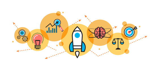 Flat line illustration of business project startup process from idea to success for website banner and landing page, header, infographics, logo and icon in circle. Concept for printed materials