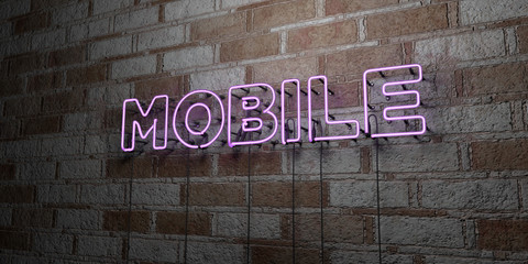 Naklejka premium MOBILE - Glowing Neon Sign on stonework wall - 3D rendered royalty free stock illustration. Can be used for online banner ads and direct mailers..
