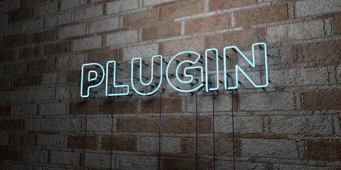PLUGIN - Glowing Neon Sign on stonework wall - 3D rendered royalty free stock illustration.  Can be used for online banner ads and direct mailers..