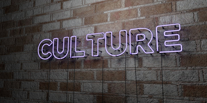 CULTURE - Glowing Neon Sign On Stonework Wall - 3D Rendered Royalty Free Stock Illustration.  Can Be Used For Online Banner Ads And Direct Mailers..