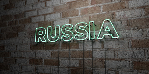 RUSSIA - Glowing Neon Sign on stonework wall - 3D rendered royalty free stock illustration.  Can be used for online banner ads and direct mailers..