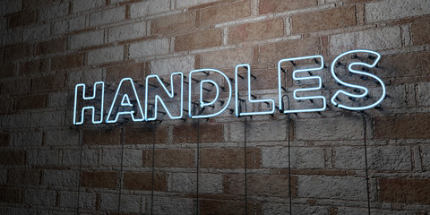 HANDLES - Glowing Neon Sign on stonework wall - 3D rendered royalty free stock illustration.  Can be used for online banner ads and direct mailers..