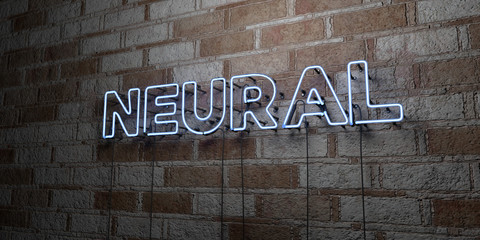 NEURAL - Glowing Neon Sign on stonework wall - 3D rendered royalty free stock illustration.  Can be used for online banner ads and direct mailers..