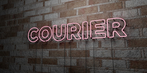 COURIER - Glowing Neon Sign on stonework wall - 3D rendered royalty free stock illustration.  Can be used for online banner ads and direct mailers..