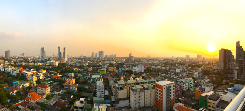 Bangkok sunrise, Aerial panorama city scape view Thailand