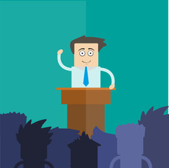 Business Man Tribune Speech People Group Silhouettes Conference Meeting Business Seminar Flat Vector Illustration