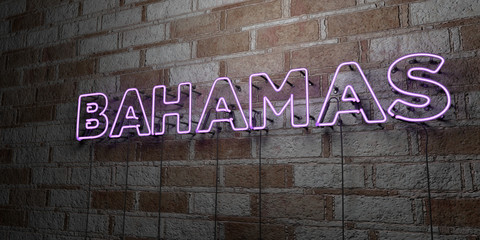 BAHAMAS - Glowing Neon Sign on stonework wall - 3D rendered royalty free stock illustration.  Can be used for online banner ads and direct mailers..