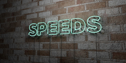 SPEEDS - Glowing Neon Sign on stonework wall - 3D rendered royalty free stock illustration.  Can be used for online banner ads and direct mailers..