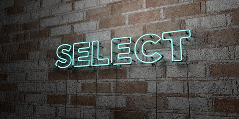 Fototapeta premium SELECT - Glowing Neon Sign on stonework wall - 3D rendered royalty free stock illustration. Can be used for online banner ads and direct mailers..