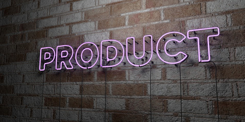 PRODUCT - Glowing Neon Sign on stonework wall - 3D rendered royalty free stock illustration.  Can be used for online banner ads and direct mailers..