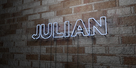 JULIAN - Glowing Neon Sign on stonework wall - 3D rendered royalty free stock illustration.  Can be used for online banner ads and direct mailers.. - obrazy, fototapety, plakaty