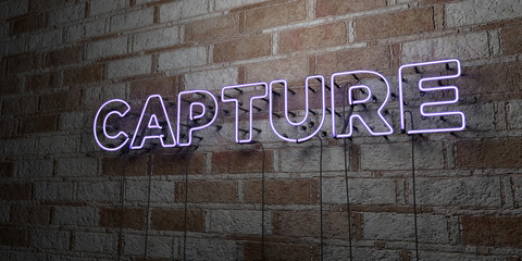 Fototapeta na wymiar CAPTURE - Glowing Neon Sign on stonework wall - 3D rendered royalty free stock illustration. Can be used for online banner ads and direct mailers..