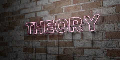 THEORY - Glowing Neon Sign on stonework wall - 3D rendered royalty free stock illustration.  Can be used for online banner ads and direct mailers.. - obrazy, fototapety, plakaty