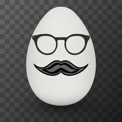 Chicken Egg hipster nerd glasses and stylish mustache with shadow on black transparent background. Natural ecological product. Healthy food. Dietary product. Easter symbol. Vector illustration