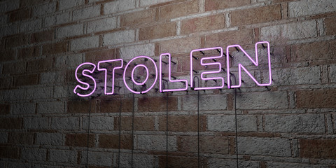 STOLEN - Glowing Neon Sign on stonework wall - 3D rendered royalty free stock illustration.  Can be used for online banner ads and direct mailers..