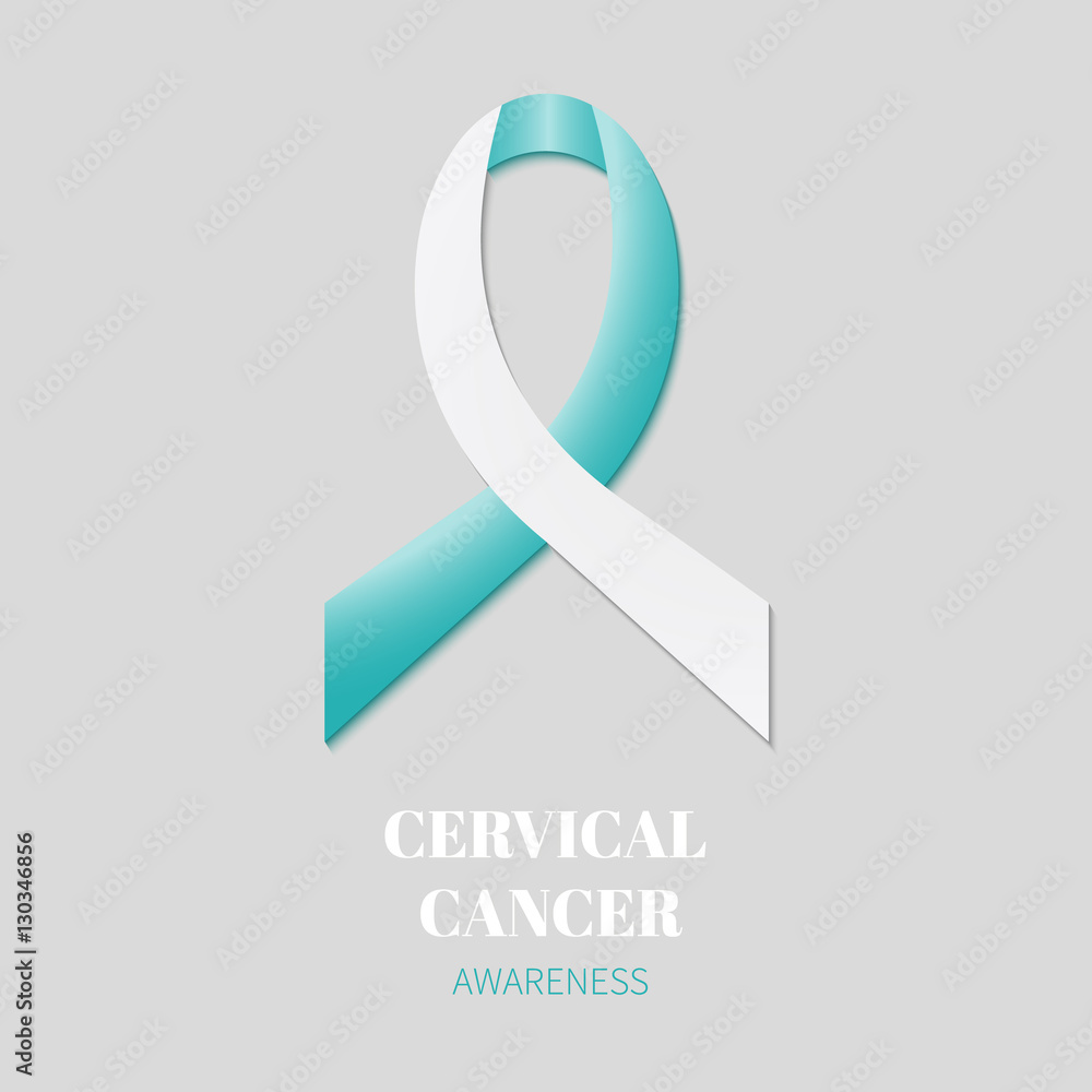 Wall mural Cervical cancer awareness poster with white and teal ribbon on grey background. Ovarian cancer symbol. Medical concept. Vector illustration.
