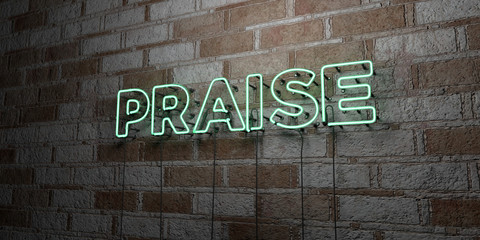 PRAISE - Glowing Neon Sign on stonework wall - 3D rendered royalty free stock illustration.  Can be used for online banner ads and direct mailers..