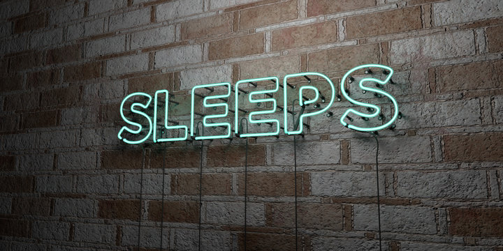 SLEEPS - Glowing Neon Sign on stonework wall - 3D rendered royalty free stock illustration.  Can be used for online banner ads and direct mailers..