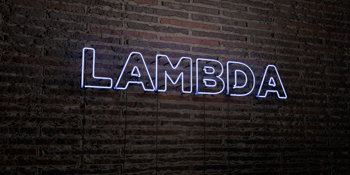 LAMBDA -Realistic Neon Sign on Brick Wall background - 3D rendered royalty free stock image. Can be used for online banner ads and direct mailers..