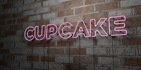 CUPCAKE - Glowing Neon Sign on stonework wall - 3D rendered royalty free stock illustration.  Can be used for online banner ads and direct mailers..