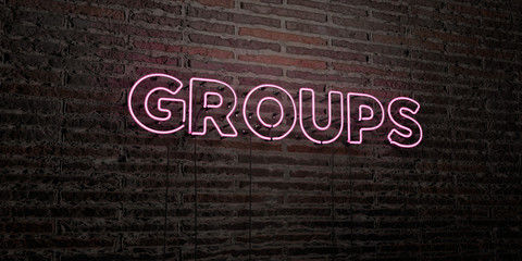 GROUPS -Realistic Neon Sign on Brick Wall background - 3D rendered royalty free stock image. Can be used for online banner ads and direct mailers..
