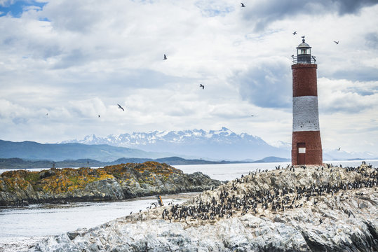 Les Eclaireurs Lighthouse and cormorant colony on an island in the Beagle Channel, Ushuaia, Tierra Del Fuego, Argentina