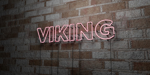 Fototapeta premium VIKING - Glowing Neon Sign on stonework wall - 3D rendered royalty free stock illustration. Can be used for online banner ads and direct mailers..