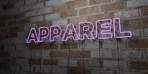 Fototapeta na wymiar APPAREL - Glowing Neon Sign on stonework wall - 3D rendered royalty free stock illustration. Can be used for online banner ads and direct mailers..