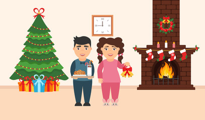 Festive design of the room. Brick fireplace, Christmas wreath, milk and cookies for cute Santa, festive decorated tree,gifts, girl and boy. Merry Christmas and Happy New year. Vector in flat style.