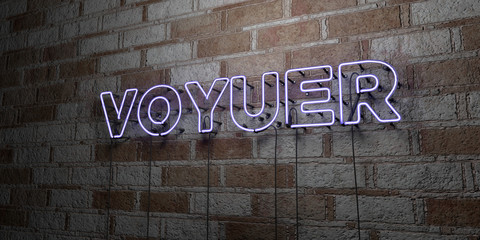 Fototapeta na wymiar VOYUER - Glowing Neon Sign on stonework wall - 3D rendered royalty free stock illustration. Can be used for online banner ads and direct mailers..