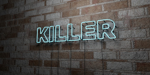 Naklejka premium KILLER - Glowing Neon Sign on stonework wall - 3D rendered royalty free stock illustration. Can be used for online banner ads and direct mailers..