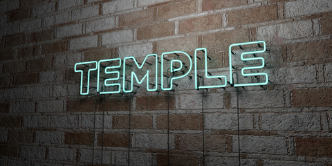 TEMPLE - Glowing Neon Sign on stonework wall - 3D rendered royalty free stock illustration.  Can be used for online banner ads and direct mailers..