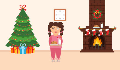 Festive design of the room. Brick fireplace, Christmas wreath, milk and cookies for cute Santa, festive decorated tree,gifts and girl. Merry Christmas and Happy New year. Vector in flat style.