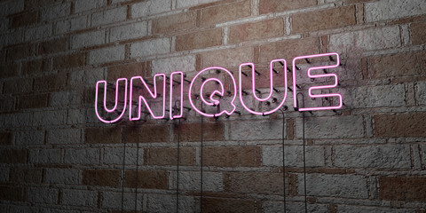 UNIQUE - Glowing Neon Sign on stonework wall - 3D rendered royalty free stock illustration.  Can be used for online banner ads and direct mailers..