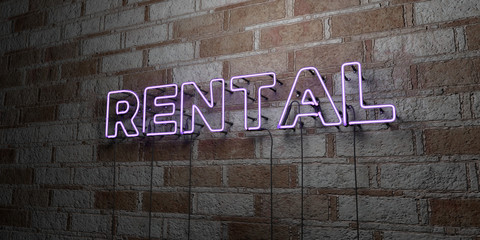 RENTAL - Glowing Neon Sign on stonework wall - 3D rendered royalty free stock illustration.  Can be used for online banner ads and direct mailers..