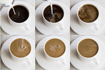 Coffee with cream or milk for breakfast. 
collage