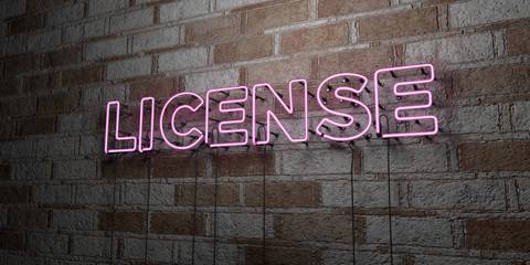 LICENSE - Glowing Neon Sign on stonework wall - 3D rendered royalty free stock illustration.  Can be used for online banner ads and direct mailers..