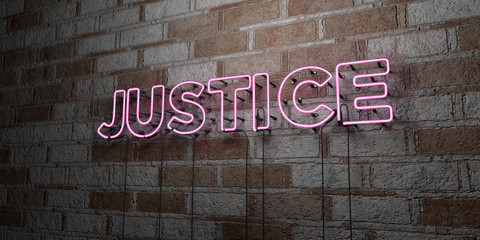 JUSTICE - Glowing Neon Sign on stonework wall - 3D rendered royalty free stock illustration.  Can be used for online banner ads and direct mailers..