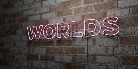 WORLDS - Glowing Neon Sign on stonework wall - 3D rendered royalty free stock illustration.  Can be used for online banner ads and direct mailers..