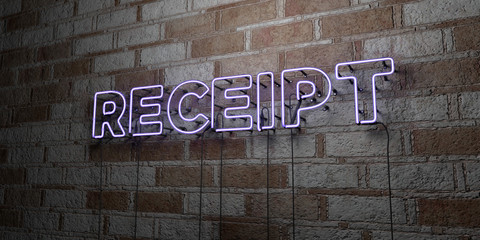 RECEIPT - Glowing Neon Sign on stonework wall - 3D rendered royalty free stock illustration.  Can be used for online banner ads and direct mailers..