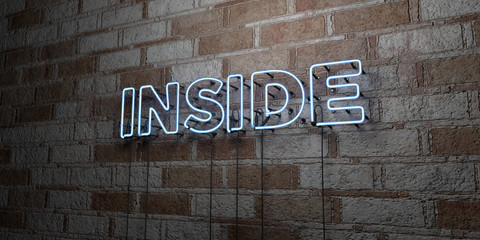 Naklejka premium INSIDE - Glowing Neon Sign on stonework wall - 3D rendered royalty free stock illustration. Can be used for online banner ads and direct mailers..