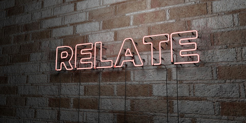 RELATE - Glowing Neon Sign on stonework wall - 3D rendered royalty free stock illustration.  Can be used for online banner ads and direct mailers..